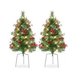 Set of 2 22” Outdoor Pathway Christmas Trees, Battery Operated Pre-Lit Holida